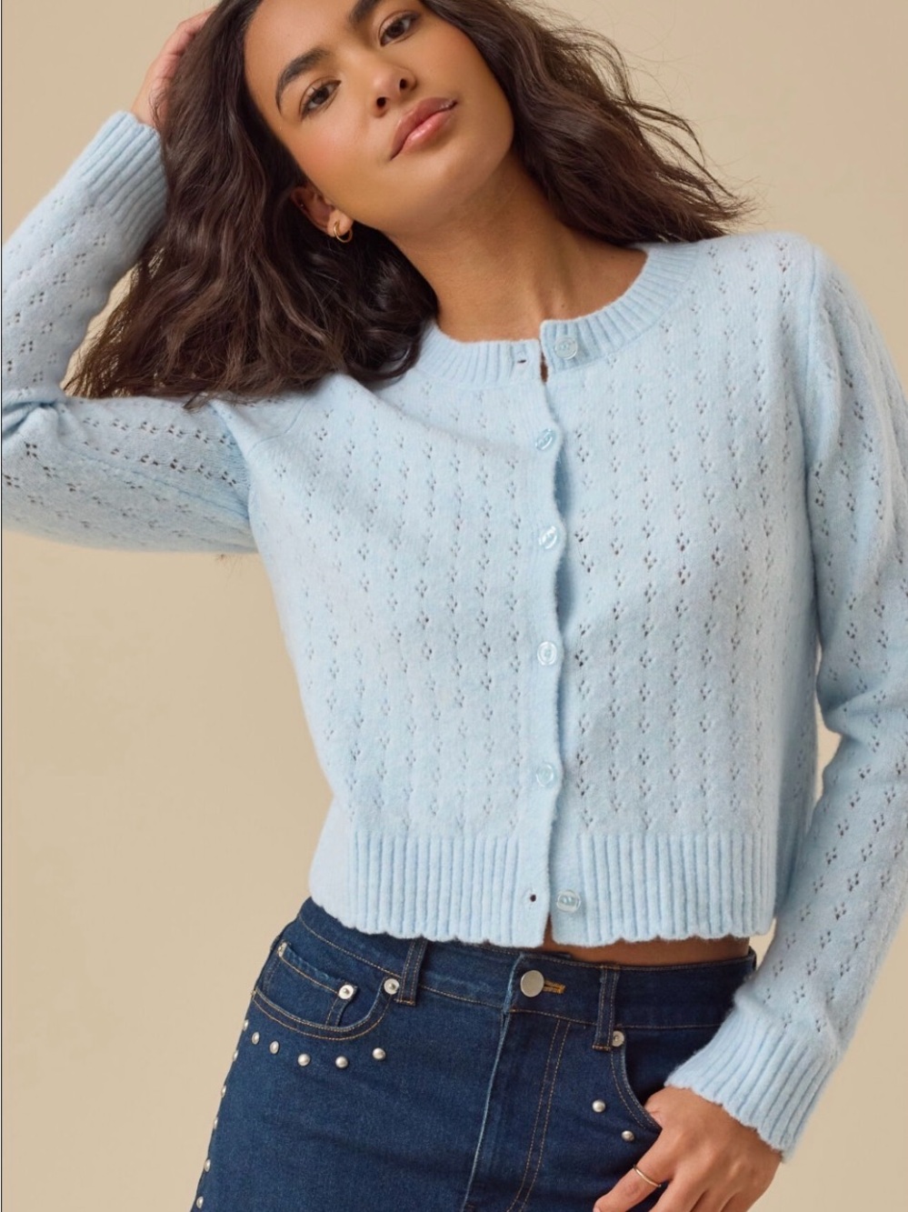 Altar'd State Pale Blue Eyelet Knit Button Cardigan